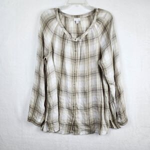 J. Jill Women's Size L Khaki Windowpane Plaid Long Sleeve Peasant Button Up Top